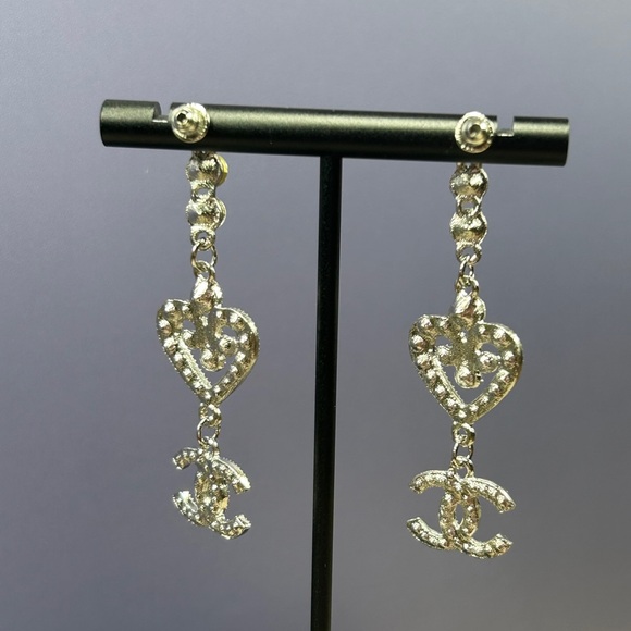 Silver Rhinestone Heart Drop Earrings - Picture 7 of 7
